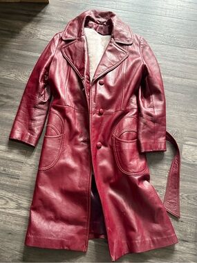 Ladies Burgundy Leather Trench Coat